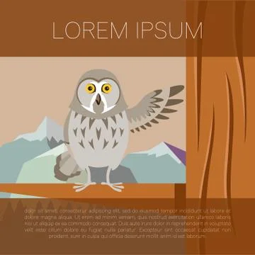Grey Owl on the winter tree flat background Stock Illustration