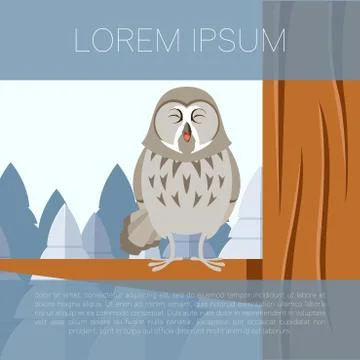 Grey Owl on the winter tree flat background Stock Illustration