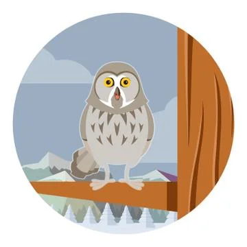 Grey Owl on the winter tree flat background Stock Illustration