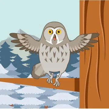 Grey Owl on the winter tree flat background Stock Illustration