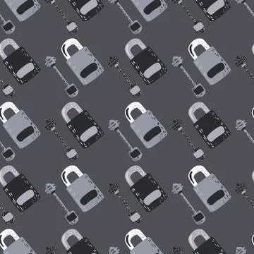 Grey palette seamless pattern with doodle graphic lock and keys elements. Vin Illustrazione stock