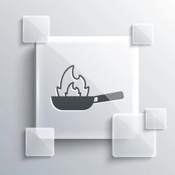 Grey Pan with fire icon isolated on grey background. Square glass panels. Vector Stock Illustration