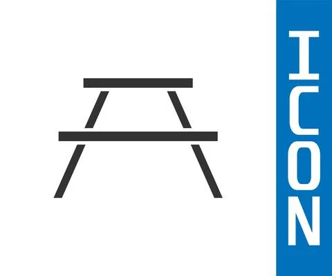 Grey Picnic table with benches on either side of the table icon isolated on Stock Illustration