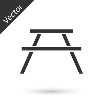 Grey Picnic table with benches on either side of the table icon isolated on w Stock Illustration