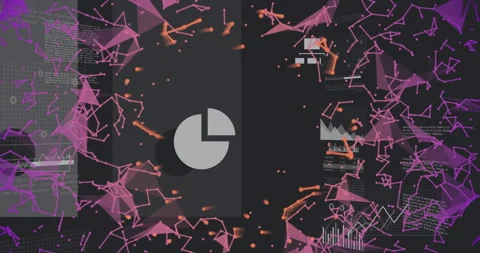 Grey pie chart icon rotating centrally, highlighting swirling pink network nodes Stock Footage 307438251