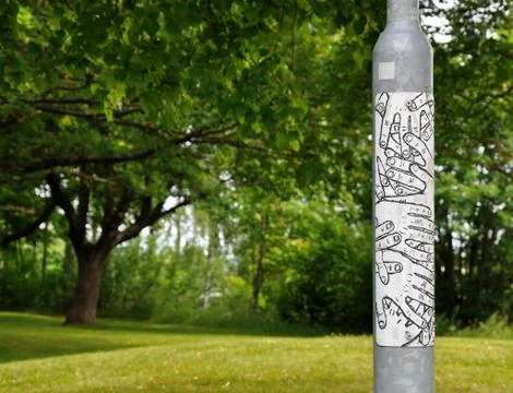 Grey pipe with a poster with the image of hands staying in the park Stock Photos