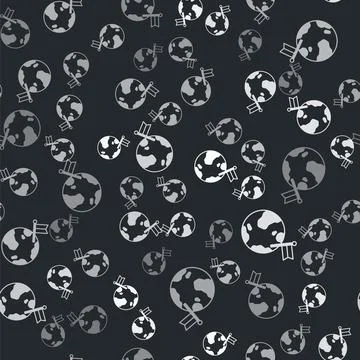 Grey Planet with flag icon isolated seamless pattern on black background Stock Illustration