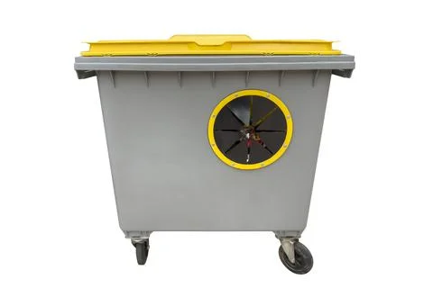Grey plastic trash container with wheels isolated on white background Stock Photos