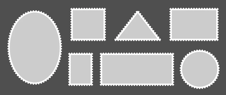 Grey postage stamp set. Post stamp frames or borders. Gray round, rectangular 스톡 일러스트