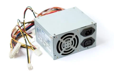Grey power supply for the computer with cables unit for pc on white backgroun Stock Photos
