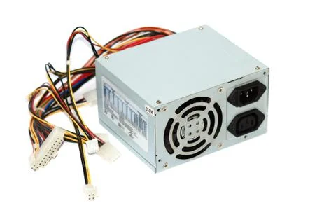 Grey power supply for the computer with cables unit for pc on white backgroun Stock Photos