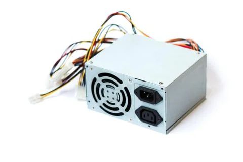 Grey power supply for the computer with cables unit for pc on white backgroun Stock Photos