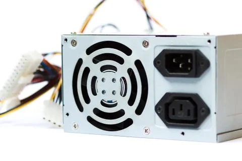 Grey power supply for the computer with cables unit for pc on white backgroun Stock Photos