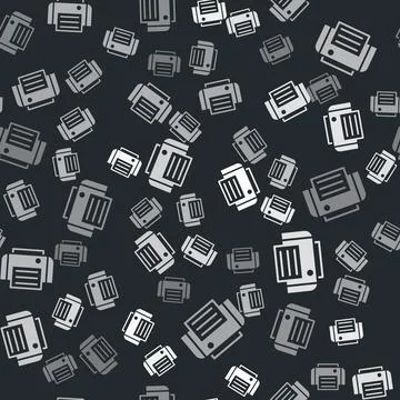 Grey Printer icon isolated seamless pattern on black background. Vector Stock Illustration