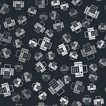 Grey Printer icon isolated seamless pattern on black background. Vector Stock Illustration