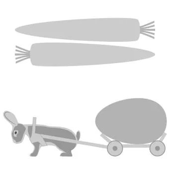 Grey rabbit pulls a cart with egg and carrot frames on white Stock Illustration