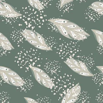 Grey random geometric leaf shapes seamless pattern in doodle style. Pale gree Stock Illustration