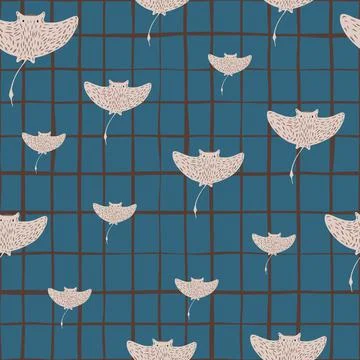 Grey random stingray hand drawn silouettes seamless pattern. Blue chequered b Stock Illustration