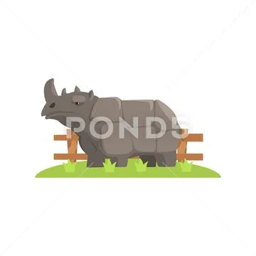 Grey Rhinoceros Standing On Green Grass Patch In Open Air Zoo Enclosure Stock Illustration