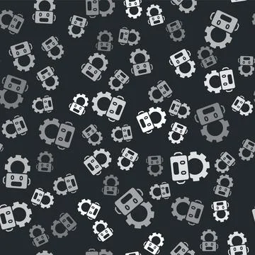 Grey Robot setting icon isolated seamless pattern on black background. Arti.. Illustrazione stock