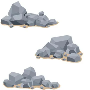 Grey rock piles vector set three low poly stone heaps isolated on white Stock Illustration