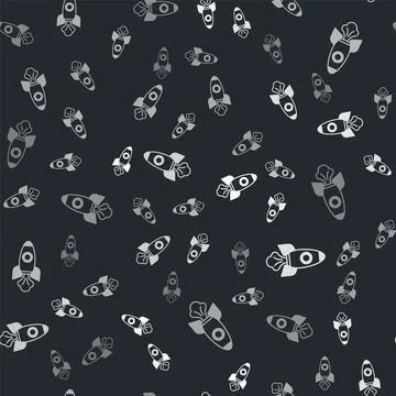 Grey Rocket ship icon isolated seamless pattern on black background. Space Stock Illustration