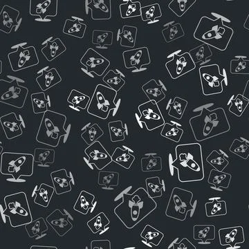 Grey Rocket ship icon isolated seamless pattern on black background. Space 스톡 일러스트