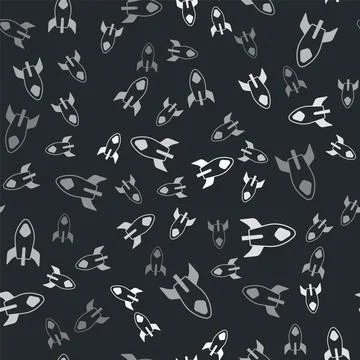 Grey Rocket ship icon isolated seamless pattern on black background. Space .. Illustrazione stock