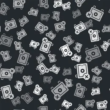 Grey Safe icon isolated seamless pattern on black background. The door safe a Stock Illustration