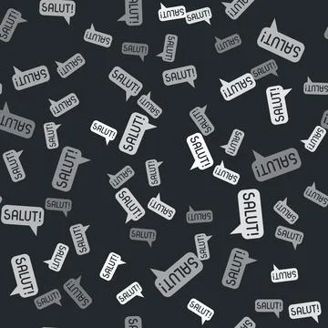 Grey Salut in different languages icon isolated seamless pattern on black Stock Illustration