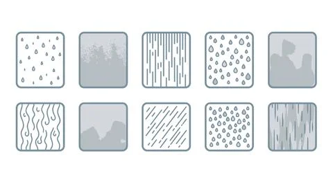 Grey scale collection of water drops condensation and rain patterns on glass. Illustrazione stock
