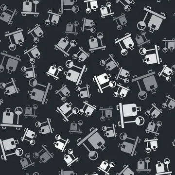 Grey Scale with suitcase icon isolated seamless pattern on black background Illustrazione stock