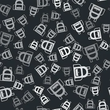 Grey School backpack icon isolated seamless pattern on black background. Vector Stock Illustration