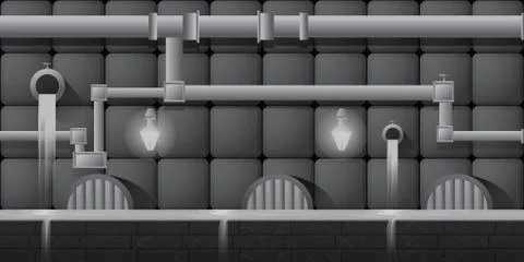 Grey Seamless editable horizontal indoor background with gems and pipeline for Stock Illustration