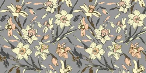 Grey seamless pattern with calm hand drawn flowers daffodils. Stock Illustration