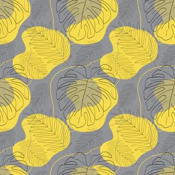 Grey seamless pattern with tropical leaves with lines and spots Stock Illustration