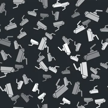 Grey Security camera icon isolated seamless pattern on black background. Vector Illustrazione stock