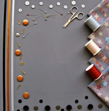 Grey sewing flatlay with copyspace. Stock Photos