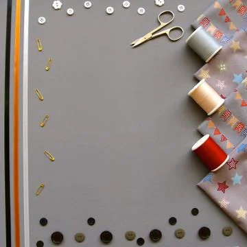 Grey sewing flatlay. Stock Photos