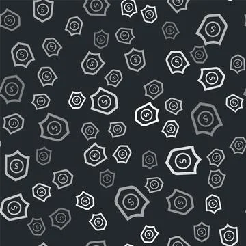 Grey Shield with dollar symbol icon isolated seamless pattern on black Stock Illustration