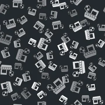 Grey Shopping building with shield icon isolated seamless pattern on black Ilustración de archivo