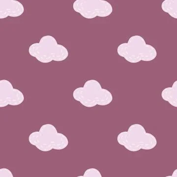 Grey simple clouds elements seamless pattern. Purple background. Sky childish 스톡 일러스트