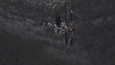 Grey skiier performs jump. Stock Footage 81882394