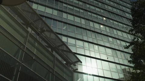 Grey Skyscraper with sun reflection, green glass windows at business district in Видео 119362454