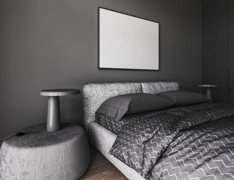 Grey sleeping room. Bed on dark wooden floor. Minimalist design of bedroom with Illustrazione stock