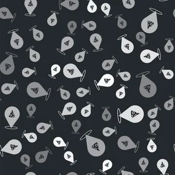 Grey Slice of pizza icon isolated seamless pattern on black background. Fast Stock Illustration