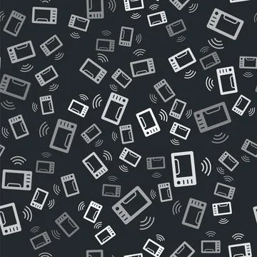 Grey Smart microwave oven system icon isolated seamless pattern on black Stockillustratie