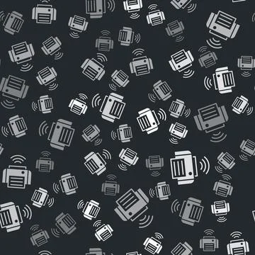 Grey Smart printer system icon isolated seamless pattern on black background Stock Illustration