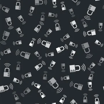 Grey Smart safe combination lock icon isolated seamless pattern on black Stock Illustration
