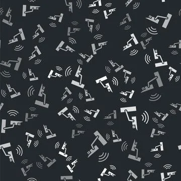 Grey Smart security camera icon isolated seamless pattern on black background Illustrazione stock
